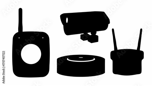 Silhouette of a walkie talkie security camera smart speaker and antenna on a white background simple art