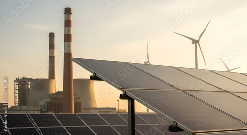 A hybrid power plant at sunset, illustrating the energy transition with solar panels, wind turbines, and a traditional fossil fuel station.