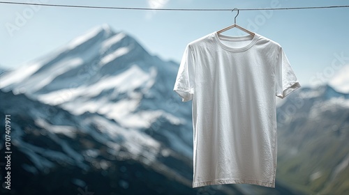 White t-shirt hangs on clothesline against snowy mountain backdrop