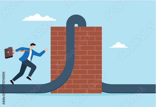 Flat illustration businessman run on road and leap over brick wall overcoming obstacle
