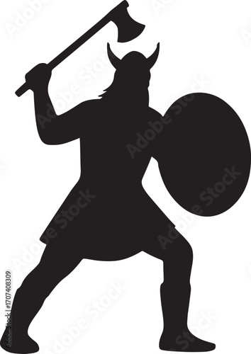Silhouette of a Viking warrior with axe and helmet, fierce historical design, perfect for battle themes.