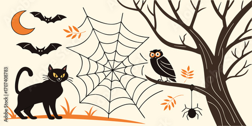 Spooky Halloween animals illustration. Black cats, bats, owls, spiders, and crows in a haunted Halloween setting. Fun and eerie vector art for Halloween concept.
