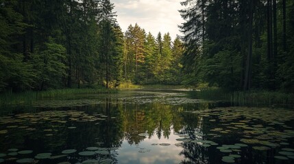 Deken met foto Kamperen Bosmeer met weerspiegeling van bomen en wolken  © Ninth