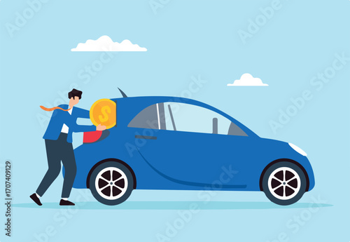 Flat illustration of businessman place dollar coin into new car symbolizing car leasing