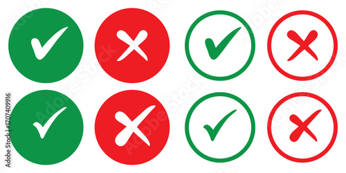 Set of green and red check box with yes and no sign. Modern label icons check mark and cross on transparent background.