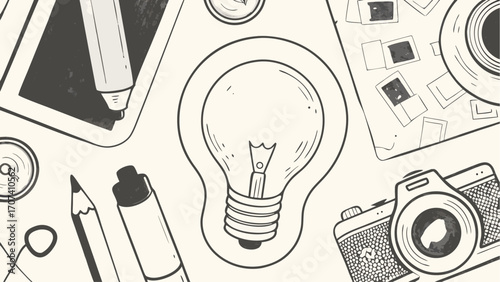 Illustration of a desk with a lightbulb, camera, tablet, and other creative tools scattered around it