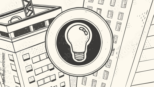 Illustration featuring a lightbulb icon in a circle against a backdrop of sketched buildings and construction crane