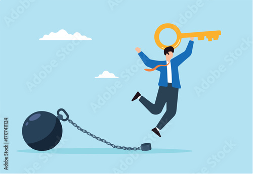 Flat illustration of happy businessman hold golden key after unlocking burden chain symbolizing debt freedom