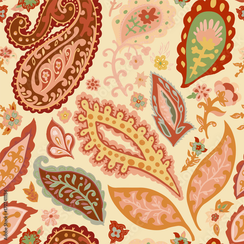 Beige Background Paisley Seamless Pattern