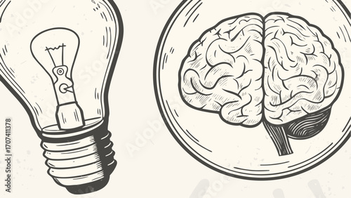 Illustration featuring a light bulb and a brain inside a circle, both outlined with detailed line work