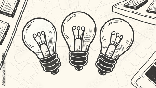 Illustration showing three light bulbs in a row with sketch style and adjacent objects in the background