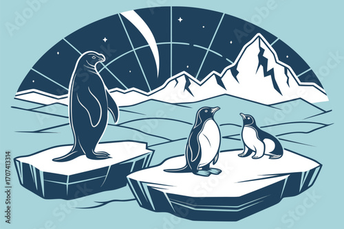 Antarctica Day Celebration. Stylized map with icy tones, penguins, seals, and aurora over icebergs. Flat vector illustration.
