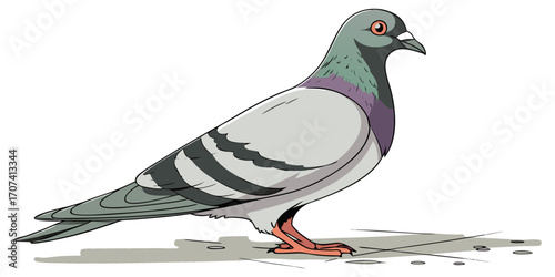 Create a high-resolution, realistic image of a pigeon standing in profile, facing left, on a clean white background. The pigeon should have smooth, grey feathers with iridescent green and purple hues 