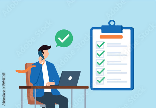 Flat illustration of business consultant solving issues on phone call with checklist and laptop in office support task completion