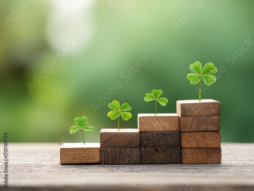 木製ブロックに成長する四つ葉のクローバーが並ぶステップの構図
