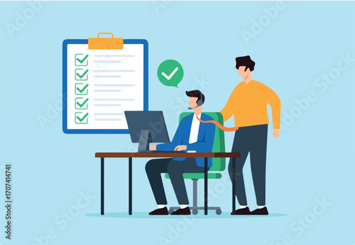 Flat illustration of support specialist assisting customer with computer and checklist in professional helpdesk service