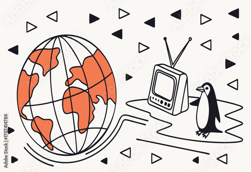 Antarctica Day Vector Illustration with Icebergs, Globe Highlighting Antarctica, and Playful Penguin in Modern Minimalist Style