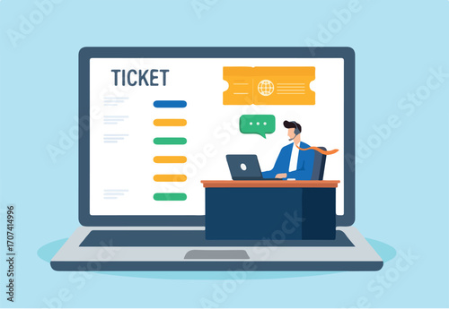 Flat illustration of support staff reviewing customer tickets with laptop and headset during online call in helpdesk service dashboard