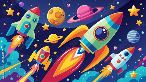 Bright rocket ships and twinkling stars in a flat illustration, designed for children’s posters or storybooks, evoking wonder and space dreams.