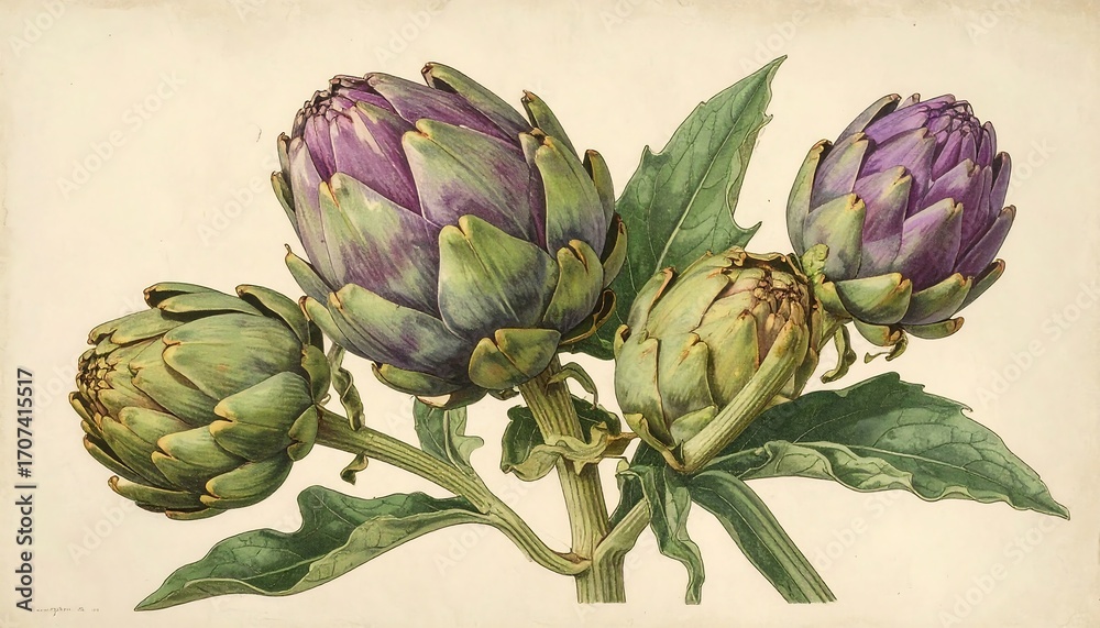 Fototapeta premium Three artichokes on branch, detailed botanical illustration, muted colors
