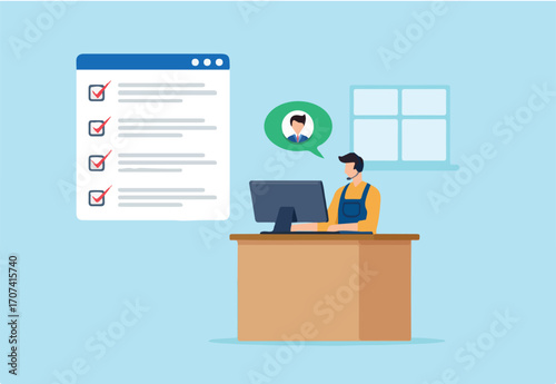 Flat illustration of support staff checking task checklist while assisting customer online with headset and computer at helpdesk