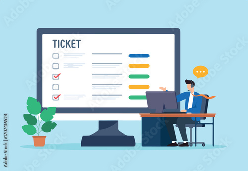 Flat illustration of employee reviewing support tickets with dashboard status while assisting customer on call in helpdesk service
