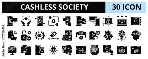 30 Cashless Society Glyph Icons Vector - Efficiency, Technology, Contactless, Automation, Financial, Digitalization, Transfer