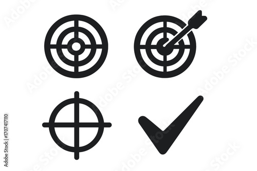Target icon set for business goal and success. Bullseye with arrow, aiming crosshair, and check mark. Vector symbols for accuracy, precision, achievement, and objective.