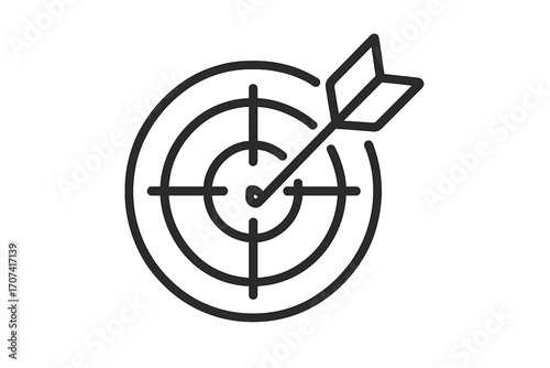 Target with arrow hitting the center. Bullseye. Goal achievement. Business success concept. Aim, focus, precision. Marketing strategy. Objective, mission accomplished.