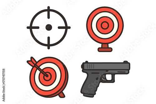 Aim icon, target sign, gun symbol vector set. Cartoon illustration with crosshair, bullseye with arrow, and pistol. For shooting sport, goal, accuracy, precision concept.