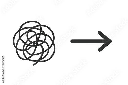 Chaos to order concept. From complex to simple. Tangled scribble becomes a straight arrow. Confusion to clarity, problem solving, finding a solution. Mind process, business strategy.