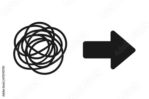 From chaos to order, problem and solution concept. Tangled messy scribble becomes a clean arrow. Simplification, business process, therapy and coaching metaphor vector.