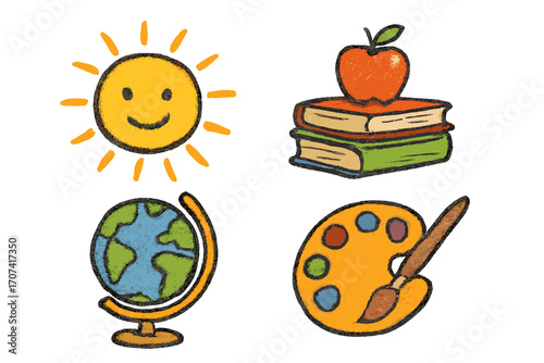 Back to school education icon set. Cute charcoal doodle cartoon of sun, books, globe, art palette. Concept of learning, knowledge, geography, creativity. Vector illustration.