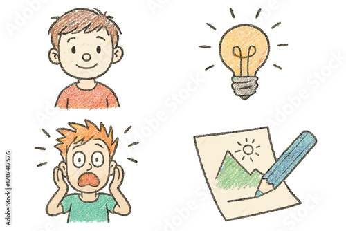 Boy emotion face expression set. Hand drawn charcoal sketch illustration. Happy smile vs scared shock anxiety. Idea lightbulb, creativity pencil drawing. Cute cartoon character doodle.