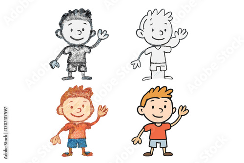 Set of four cartoon boy characters waving. Hand-drawn charcoal sketch, pencil doodle, crayon texture, and clean vector illustration style. Kid saying hello. Cute friendly mascot.
