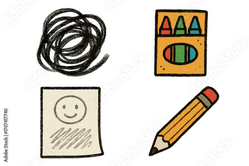 Art therapy for mental health. Concept of order and chaos. Psychology scribble and happy face. Doodle set with pencil, crayons. Kids drawing. Creative education icons.