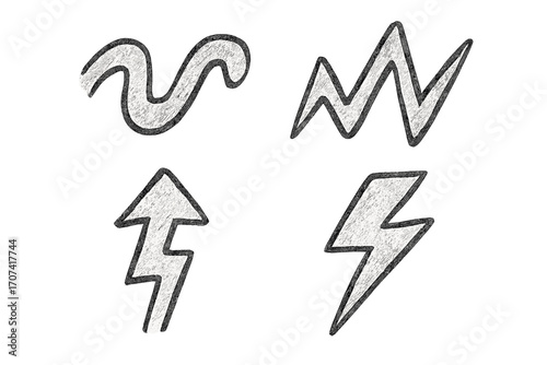Hand drawn charcoal doodle shape set. Pencil sketch style illustration. Zigzag, curve, arrow, and lightning bolt icons. Vector cartoon elements for energy, power, growth concept.