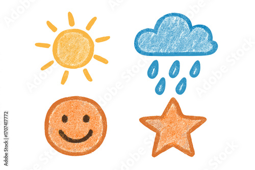Cute charcoal doodle set of weather and mood icons. Hand drawn vector cartoon illustration. Sun, rainy cloud, smiley face and star symbols with crayon texture. Isolated.