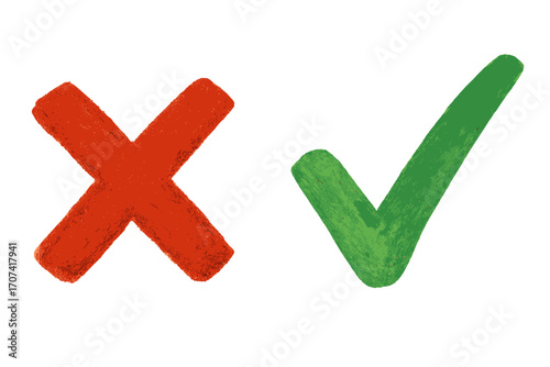Hand drawn chalk check mark and cross symbol. Yes and no icons. Right and wrong, correct and incorrect sign. Approval and rejection vector illustration. Choice, vote concept.