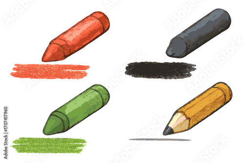 Art supplies vector set. Hand-drawn illustration of crayons, charcoal, and pencil with realistic texture strokes. Drawing, sketching tools for creative hobby or back to school.