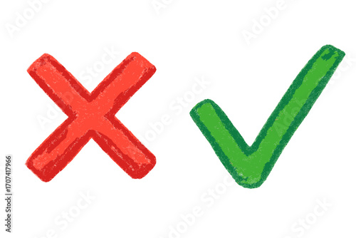 Check mark and cross symbol. Hand drawn textured icons for yes and no. Green tick for correct, approved, and accepted. Red X for incorrect, rejected, and wrong choice. Vote.