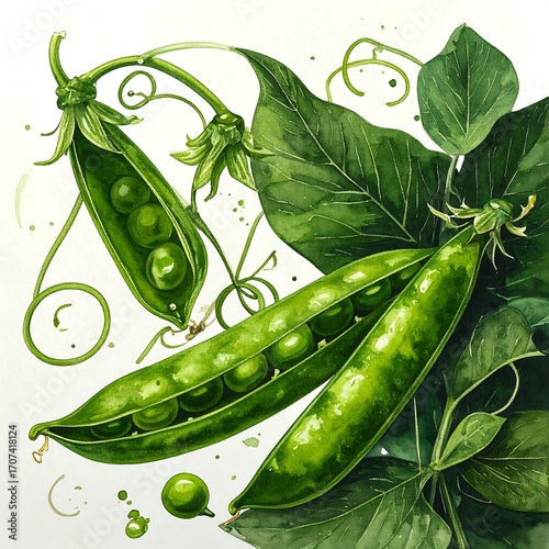 Fresh green peas in pods, vibrant botanical illustration