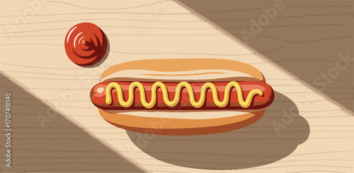 Classic Hotdog Flat Lay with Mustard and Ketchup Vector 2