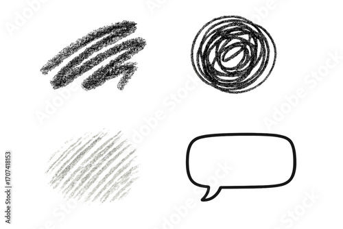 Hand drawn charcoal doodle set. Crayon stroke and scribble texture collection. Vector illustration of hatching, brush effects, and a blank cartoon comic speech bubble.