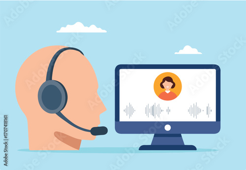 Flat illustration of customer support operator answering voice call using headset and computer in online service communication