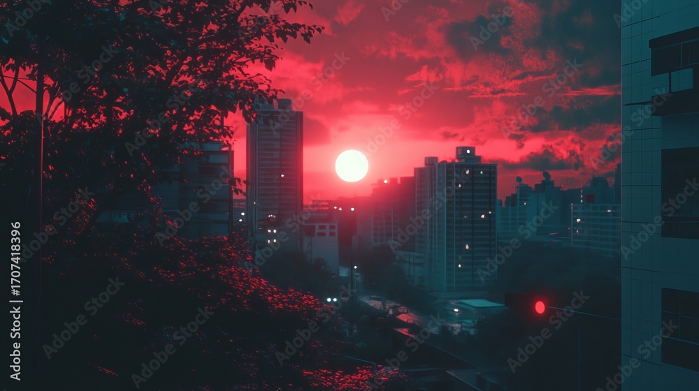 Obraz premium Urban sunset, vibrant crimson hues, cityscape view through trees