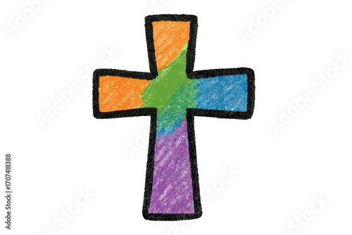 Hand drawn crayon cross vector. Colorful chalk doodle illustration. Christian religious symbol of faith, Jesus, God. Spiritual art for church, Easter, baptism. Kid's drawing.