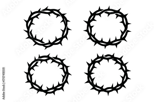 Crown of thorns vector icon set. Religious symbol of Jesus Christ's passion and crucifixion. Black silhouette illustration for Easter and Good Friday Christian graphic.
