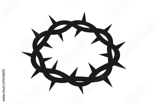 Crown of thorns silhouette. Jesus Christ passion symbol. Christian religious vector icon for Easter. Crucifixion, suffering, and sacrifice concept. Biblical faith illustration.