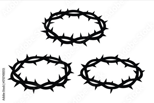 Crown of thorns vector icon set. Black silhouette style. Religious symbol of Christianity, Jesus Christ passion, crucifixion, suffering. Easter story, faith concept illustration.